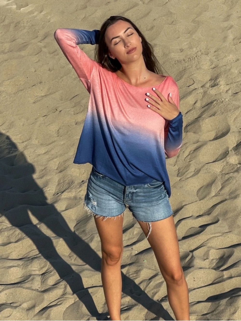 Heavenly Delight Italian Silk Ombré Top Women's Scoop Neck - Coral to Navy | Med